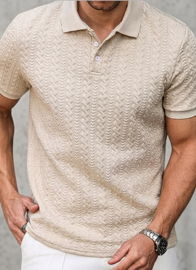 Men's beige textured knit polo shirt short sleeve regular fit - Texora