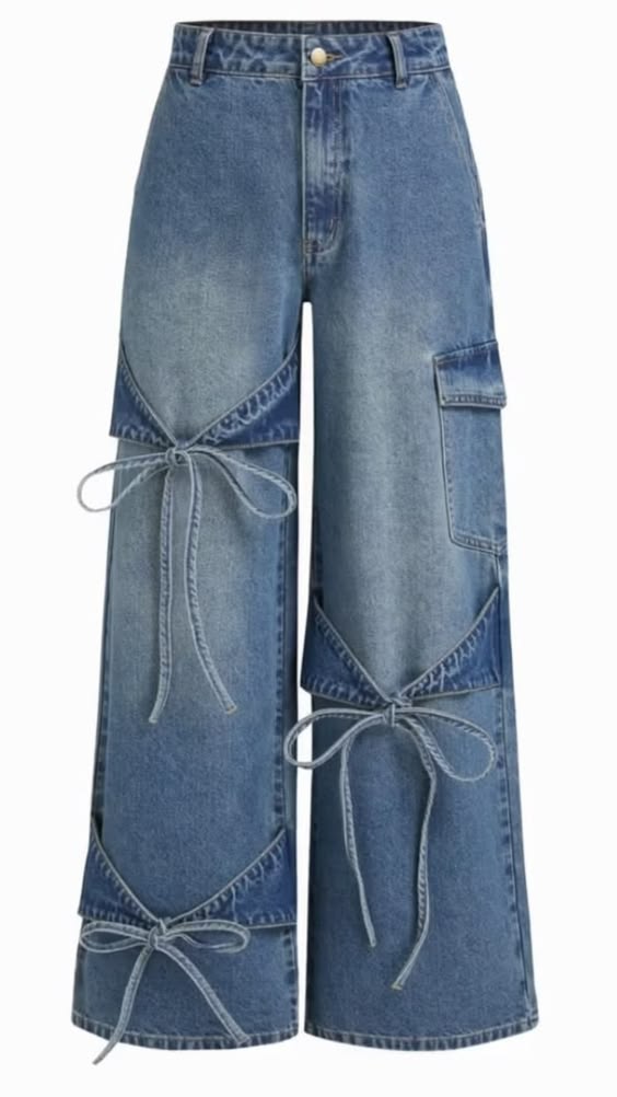 Texora blue bow tie cargo wide leg jeans for women with 3D bow details