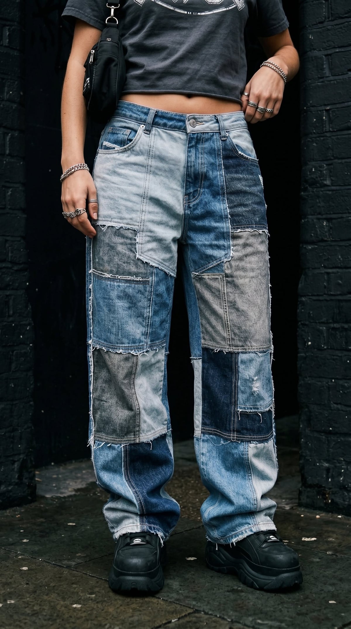 Multi blue patchwork panel jeans for women, artsy street style straight loose fit raw hem