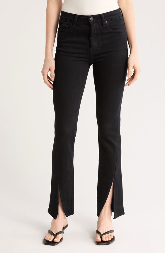 Jet black skinny jeans for women with front split hem ankle detail, stretch night out wear