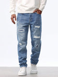  Dark wash straight fit ripped jeans for men with knee distressing, university casual style 