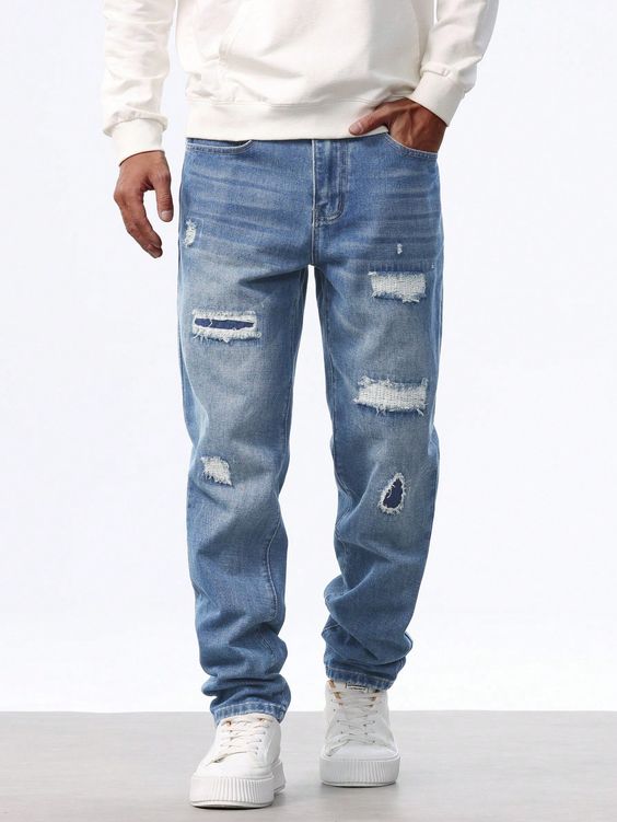  Dark wash straight fit ripped jeans for men with knee distressing, university casual style 