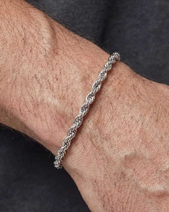 Alt Text: Stainless steel silver rope chain bracelet for men 4mm formal wear - Texora
