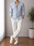 Men's blue and white striped linen shirt full sleeve camp collar - Texora
