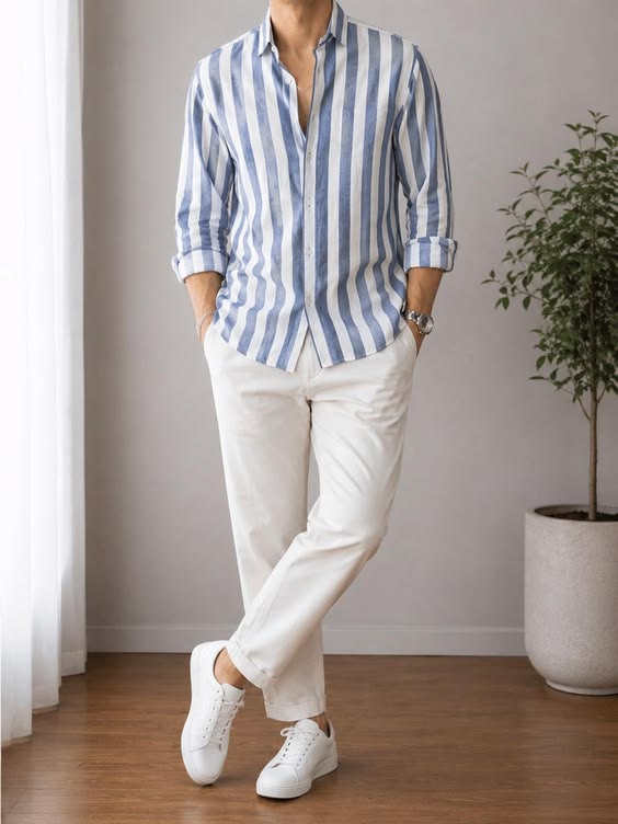 Men's blue and white striped linen shirt full sleeve camp collar - Texora