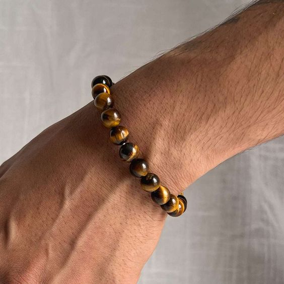 Alt Text: Natural brown Tiger Eye stone beaded bracelet for men 10mm with gunmetal spacers - Texora