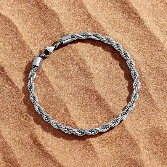 Alt Text: Stainless steel silver rope chain bracelet for men 4mm formal wear - Texora