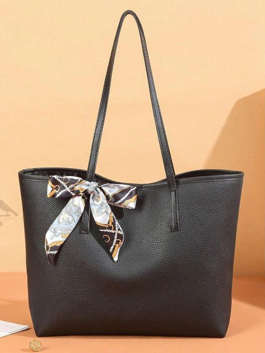 Black oversized tote bag for women with scarf and zipper - Texora