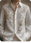 Men's off white embroidered cotton festive shirt mandarin collar - Texora