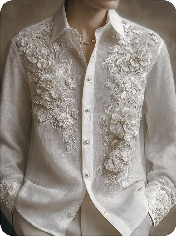 Men's off white embroidered cotton festive shirt mandarin collar - Texora