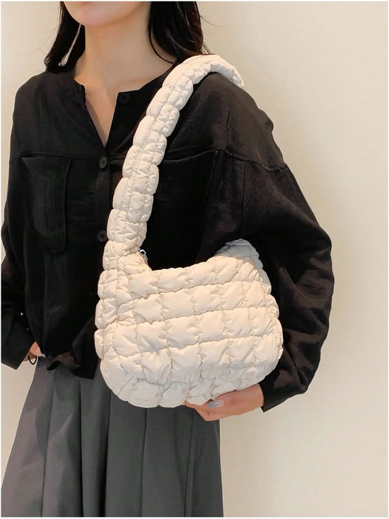  Beige mini puffy shoulder baguette bag for women PU leather - Texora