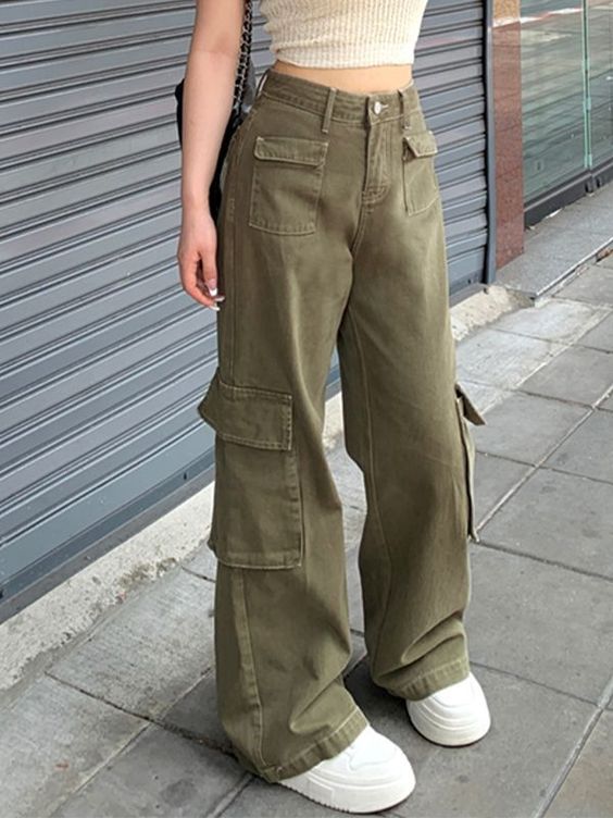 Olive green cargo denim jeans for women with 6 utility pockets, straight leg street style
