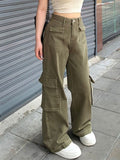 Olive green cargo denim jeans for women with 6 utility pockets, straight leg street style
