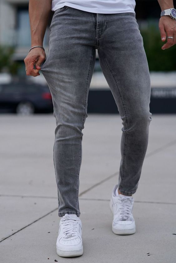  Grey skinny biker jeans for men with knee panels and zip details, stretch night out style 