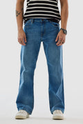 Dark indigo bootcut jeans for men with high rise flare, retro cowboy style button fly