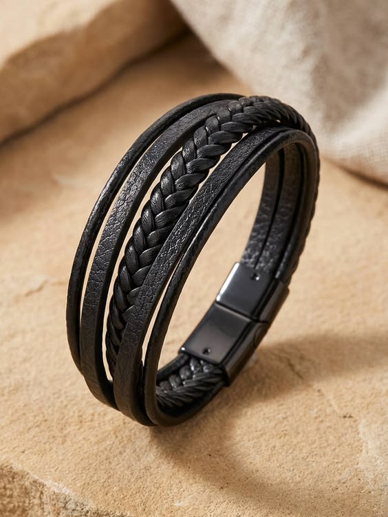  Matte black braided leather bracelet on male wrist 