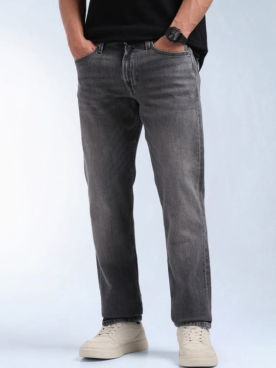  Men regular fit grey jeans zipper pocket detail
