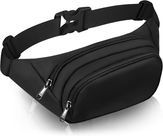  Black nylon waist fanny pack bag for men 3 zip compartments - Texora

