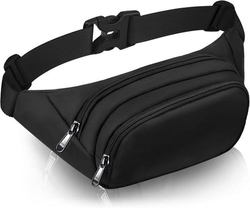  Black nylon waist fanny pack bag for men 3 zip compartments - Texora

