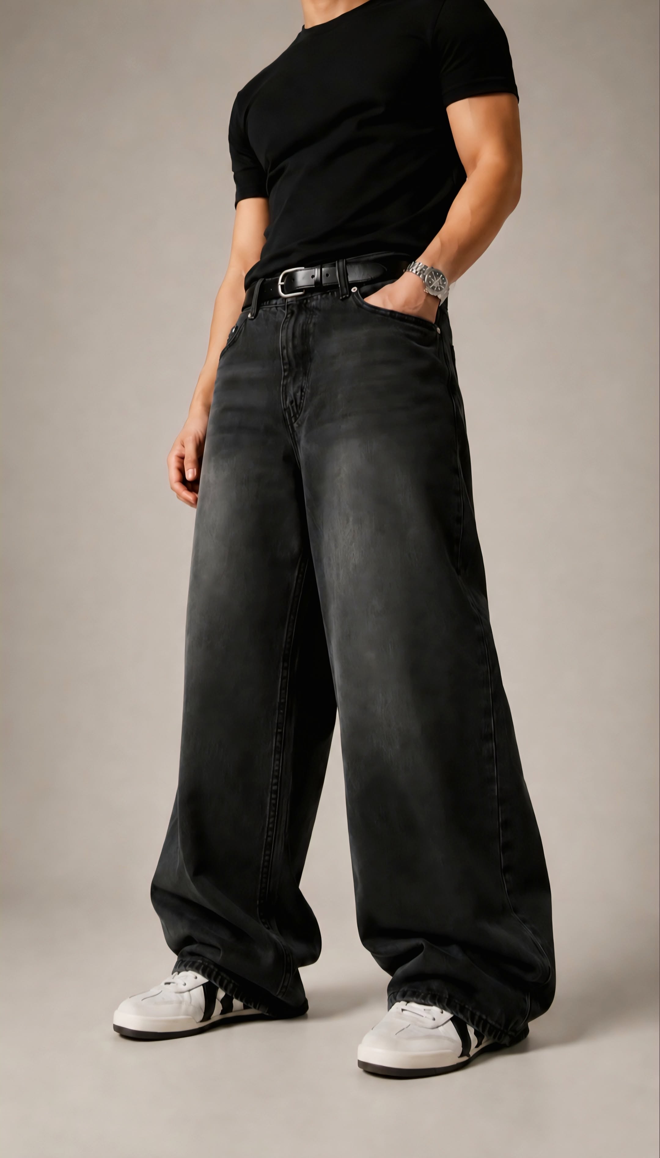 Men baggy black jeans 90s fit front view