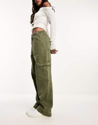 Olive green cargo denim jeans for women with 6 utility pockets, straight leg street style