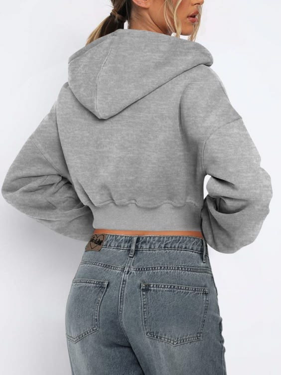 Grey crop oversized hoodie for women fleece cotton - Texora
