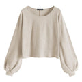 Beige balloon sleeve cropped knit sweater for women round neck - Texora