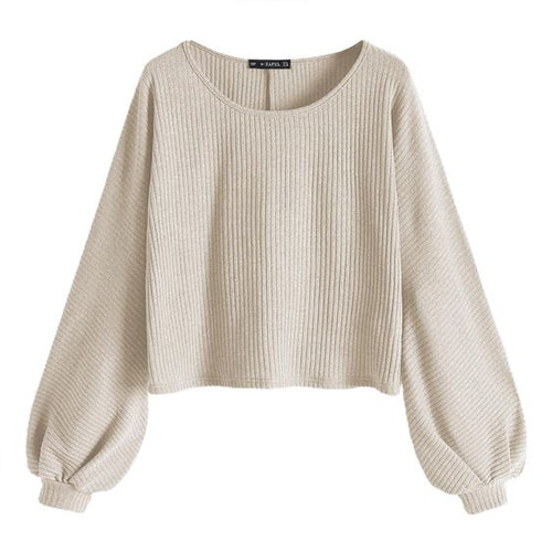 Beige balloon sleeve cropped knit sweater for women round neck - Texora