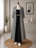 Texora black and white striped long duster 3 piece co ord set with crop top and wide leg pants