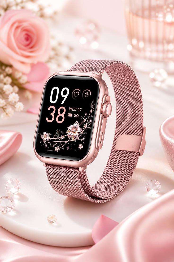 Alt Text: Pink floral print dial watch for women with pastel strap, summer collection 30mm lightweight
