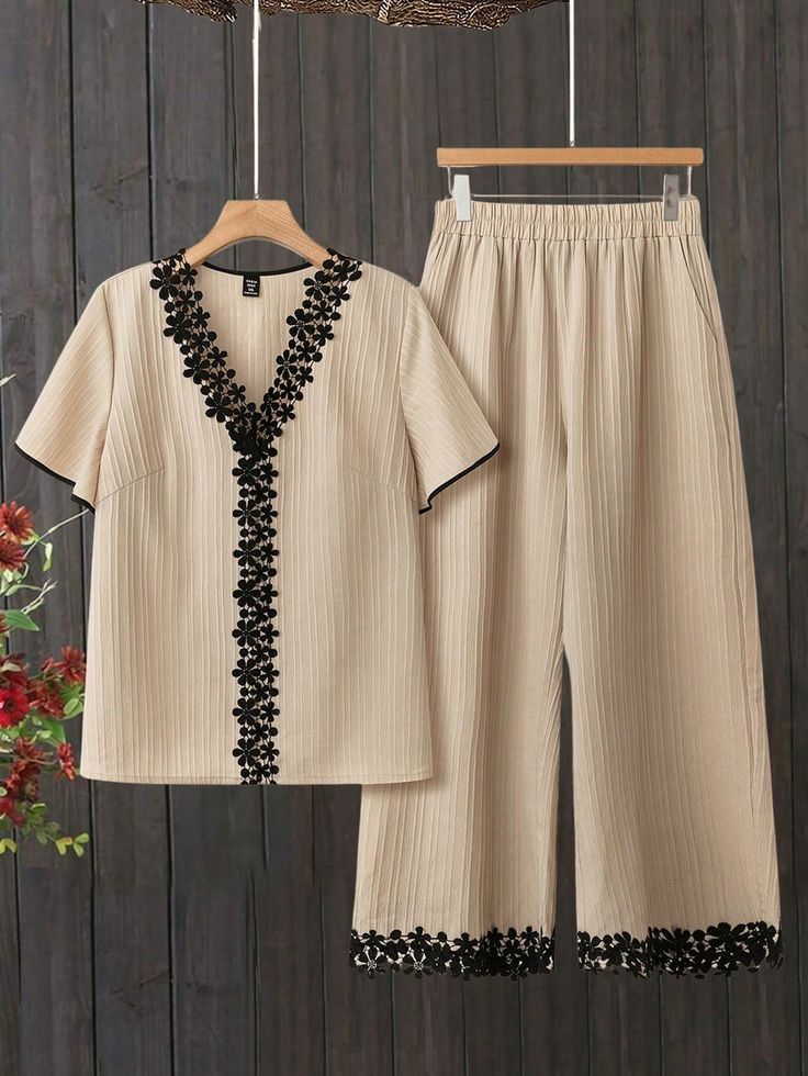 Texora beige pleated 2 piece co ord set for women with black floral lace trim on v-neck and pants hem