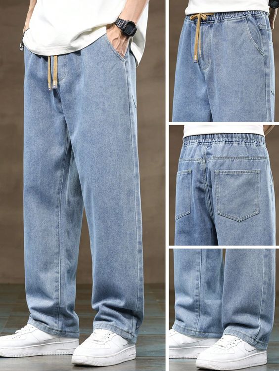  Medium wash relaxed fit dad jeans for men, comfortable roomy style with whiskering