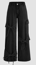 Texora black bow tie cargo wide leg jeans for women with 3D bow details
