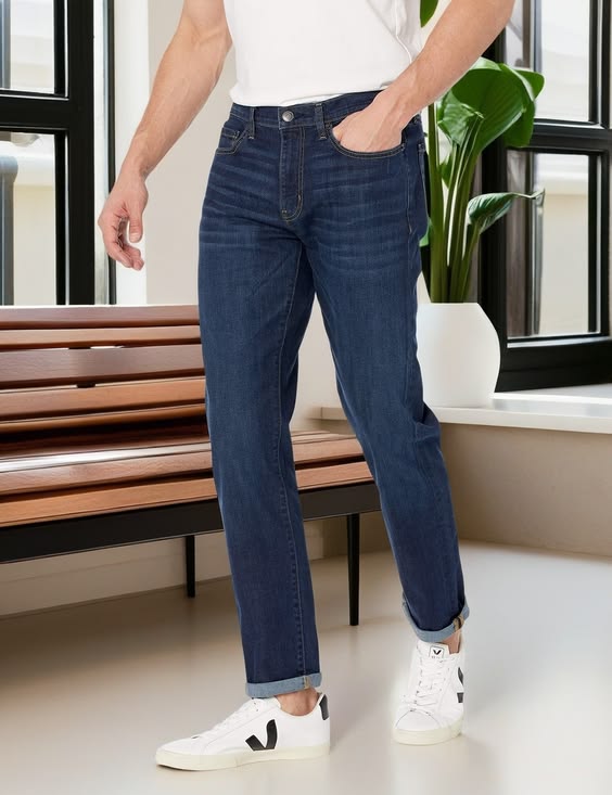 slim fit blue jeans flatlay front view