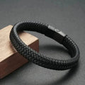 Black braided leather bracelet for men with magnetic steel clasp worn on wrist - Texora