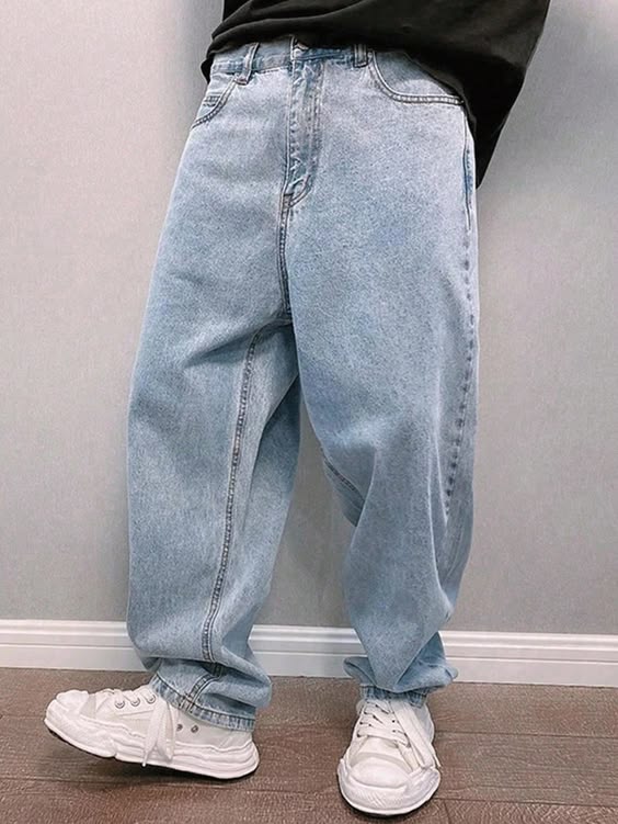 Acid wash loose tapered jeans for men, 90s vintage skater style cropped raw hem