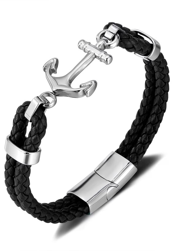 Alt Text: Navy blue nylon rope bracelet with stainless steel anchor charm for men nautical - Texora