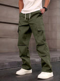 Olive green straight cargo jeans for men with 6 military utility pockets, durable twill