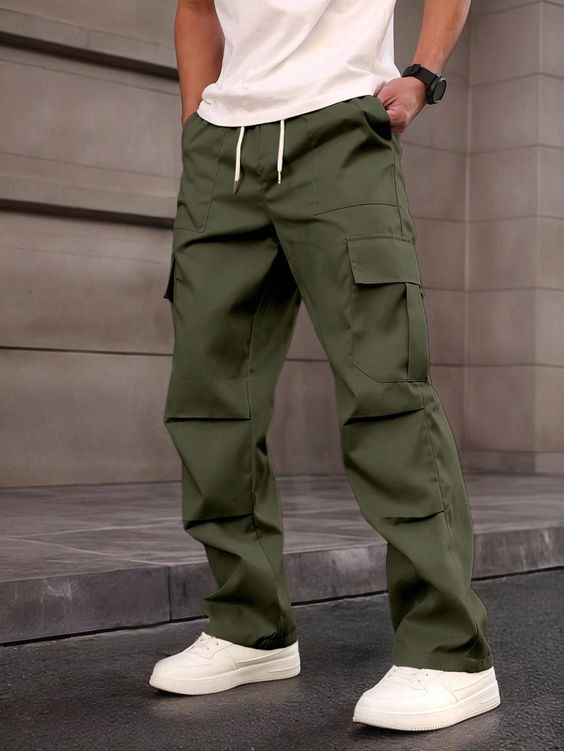 Olive green straight cargo jeans for men with 6 military utility pockets, durable twill