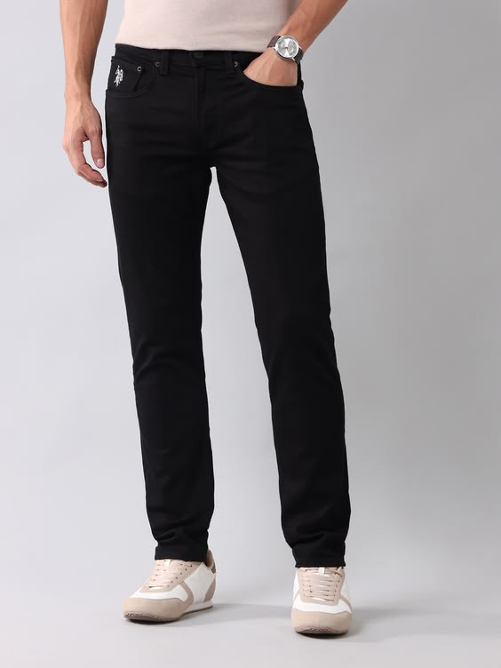 Jet black slim tapered stretch jeans for men, office to club essential mid rise