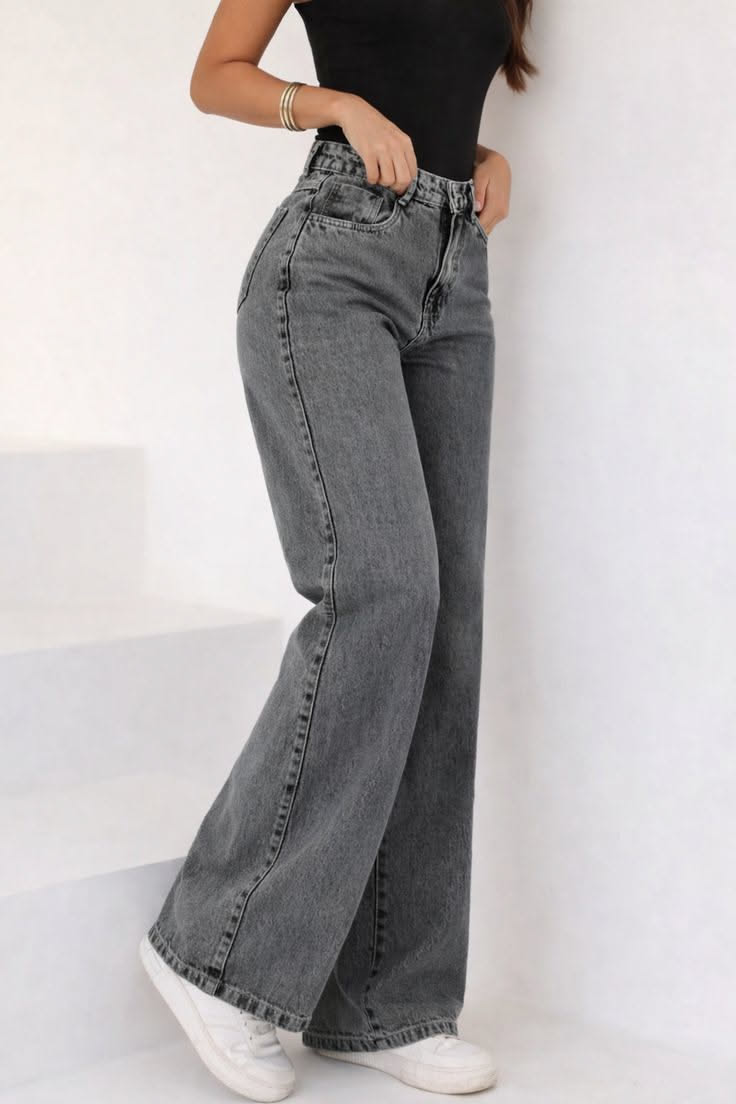 Grey- Blue Baggy Straight Jeans for Women - High Waist 90s Fit