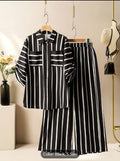 Texora black and white vertical stripe 2 piece co ord set for women with collared shirt and wide leg pants