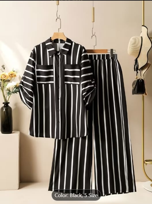 Texora black and white vertical stripe 2 piece co ord set for women with collared shirt and wide leg pants