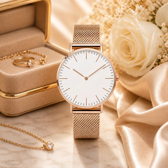  Minimalist rose gold mesh watch for women with 32mm clean dial, perfect for office and casual wear
