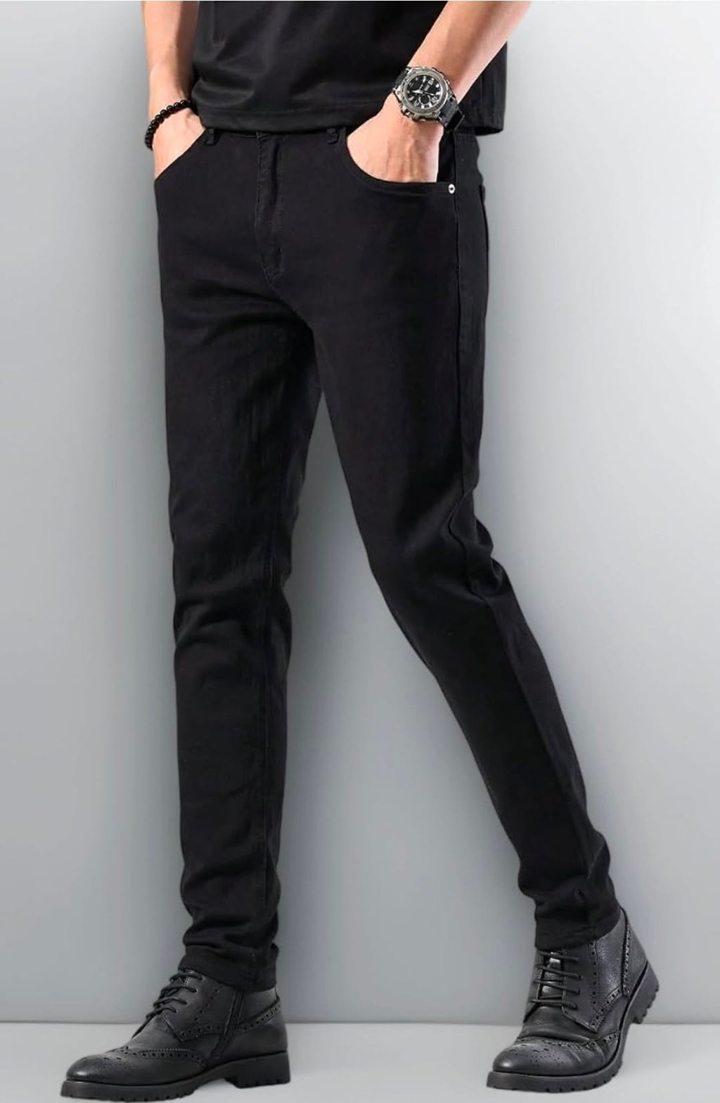  Men slim fit black jeans flatly front view