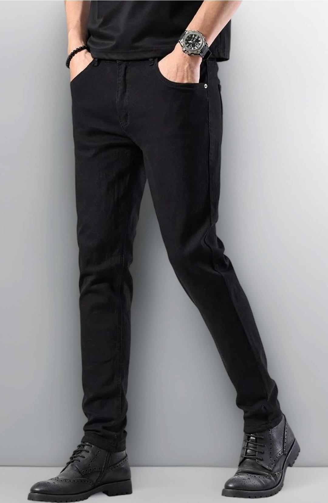  Men slim fit black jeans flatly front view