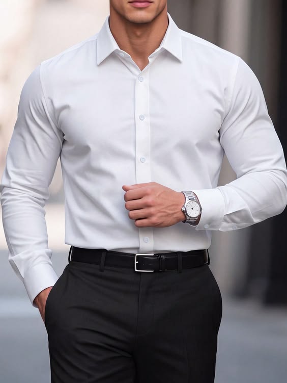 Men's white slim fit cotton dress shirt full sleeve formal - Texora