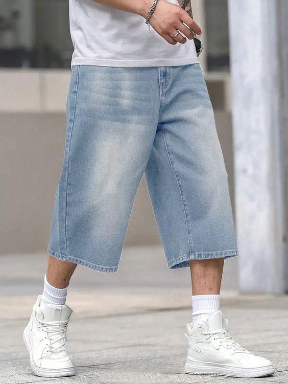 Light blue wide leg denim jorts shorts for men, knee length summer beach streetwear
