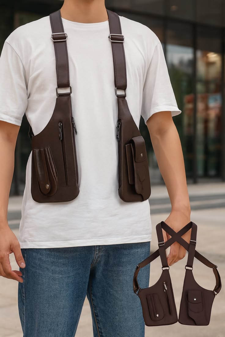Brown tactical crossbody sling bag for men worn over shoulder with casual outfit 