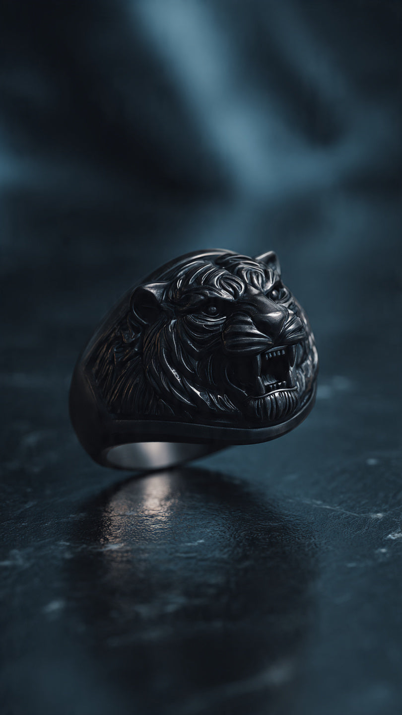 Men's matte black stainless steel signet ring with 3D embossed tiger head design on white background